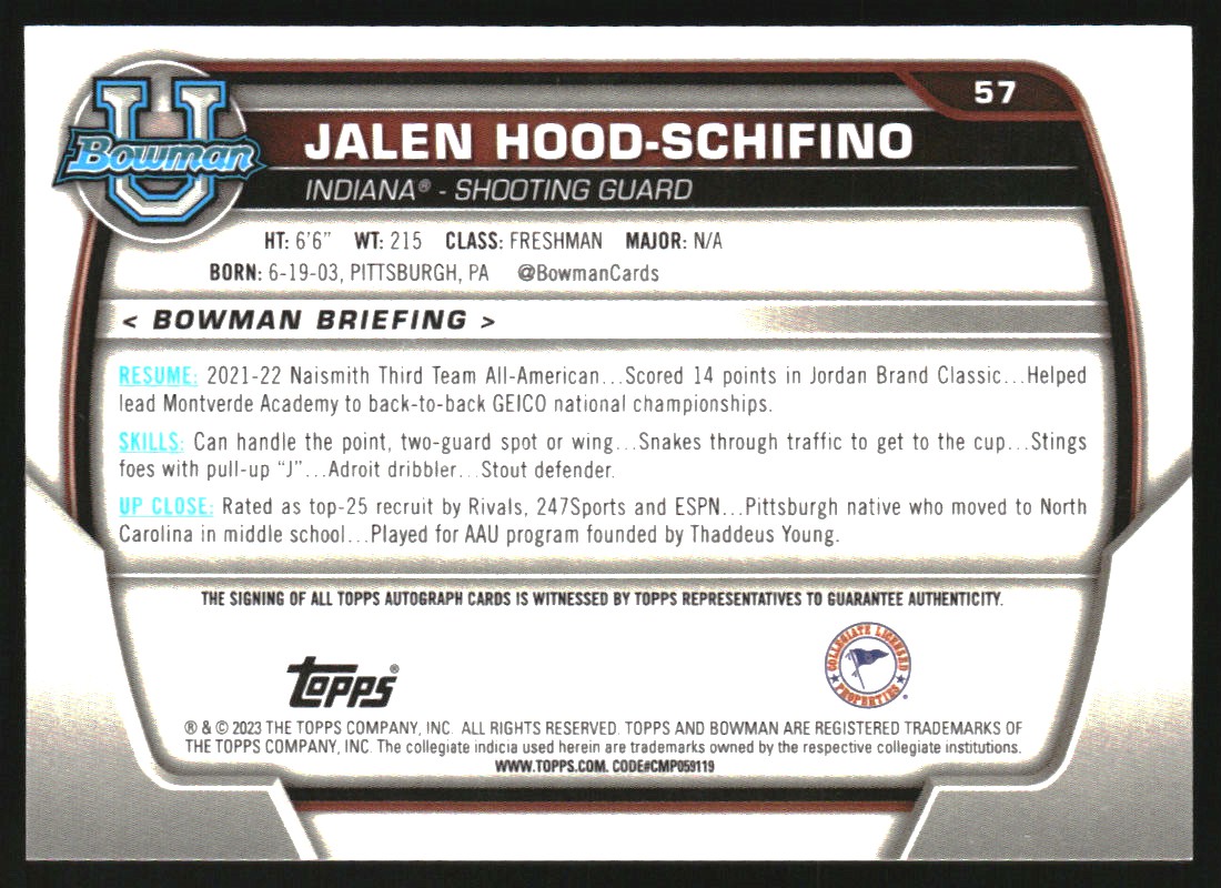 2022-23 Bowman Chrome University Prospect Autographs #57 Jalen Hood-Schifino