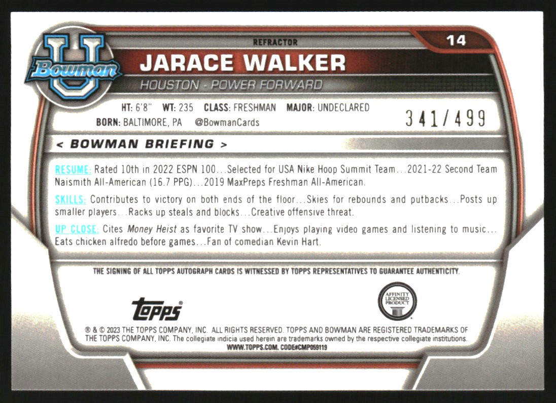 2022-23 Bowman Chrome University Prospect Autographs Refractors #14 Jarace Walker