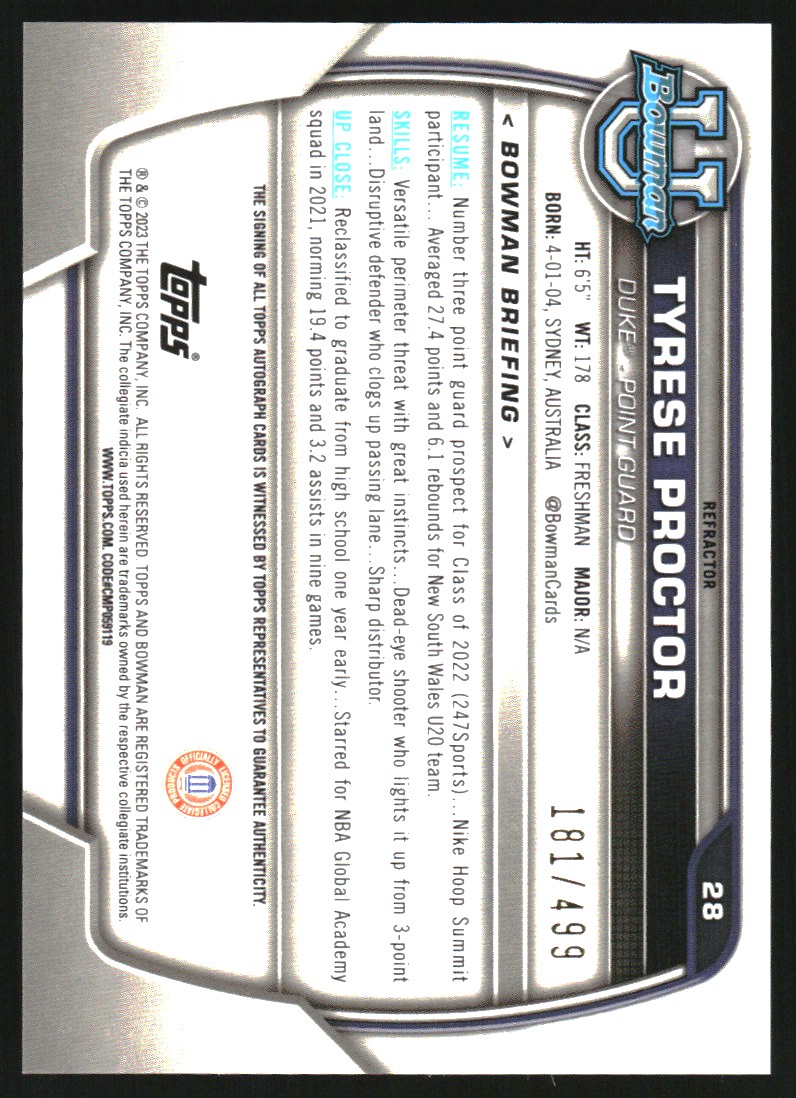 2022-23 Bowman Chrome University Prospect Autographs Refractors #28 Tyrese Proctor
