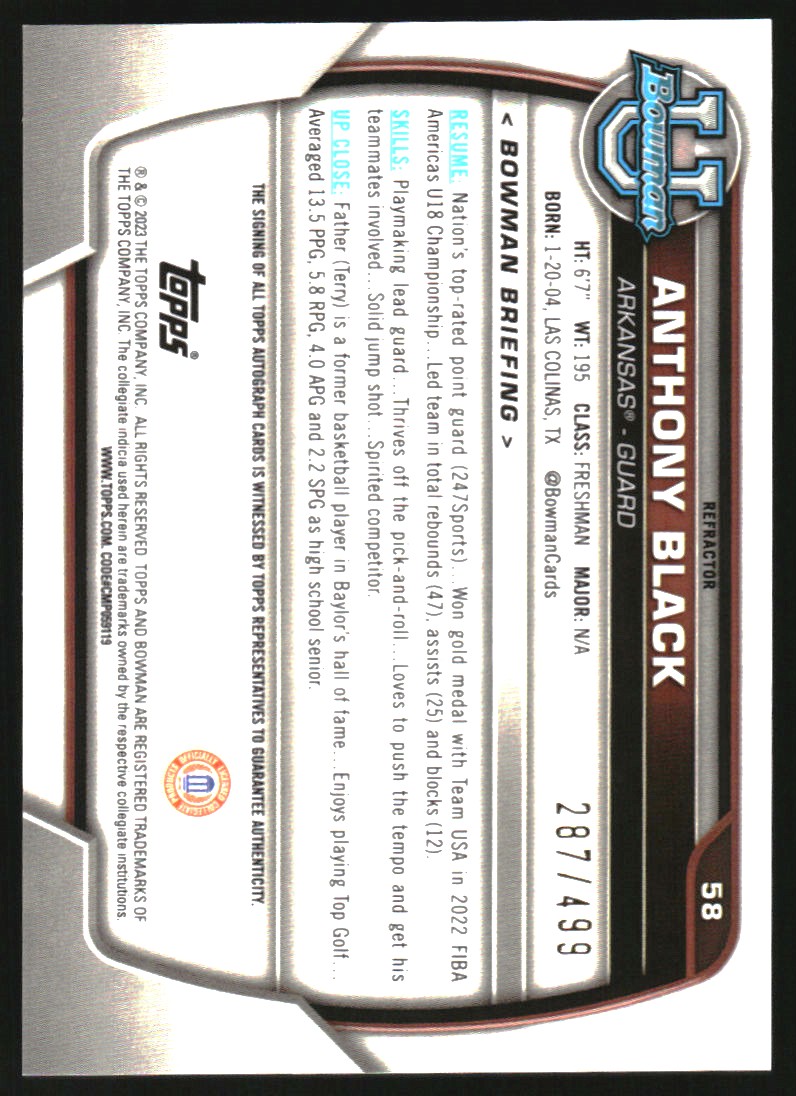 2022-23 Bowman Chrome University Prospect Autographs Refractors #58 Anthony Black