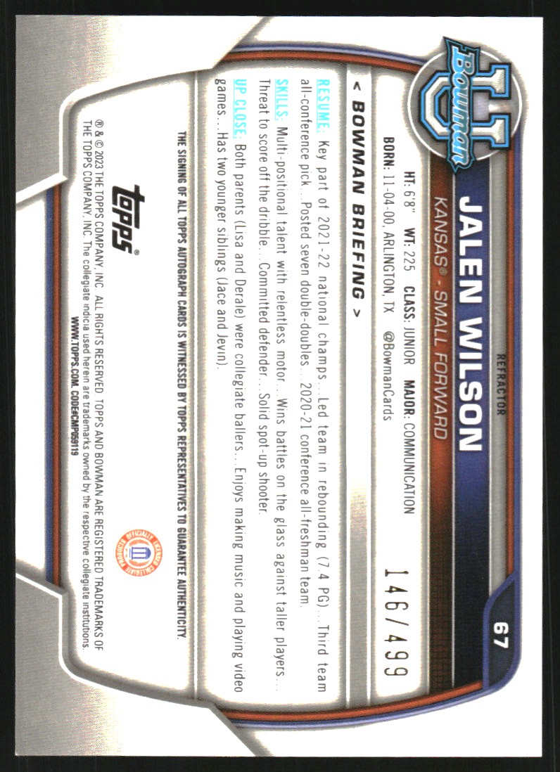 2022-23 Bowman Chrome University Prospect Autographs Refractors #67 Jalen Wilson