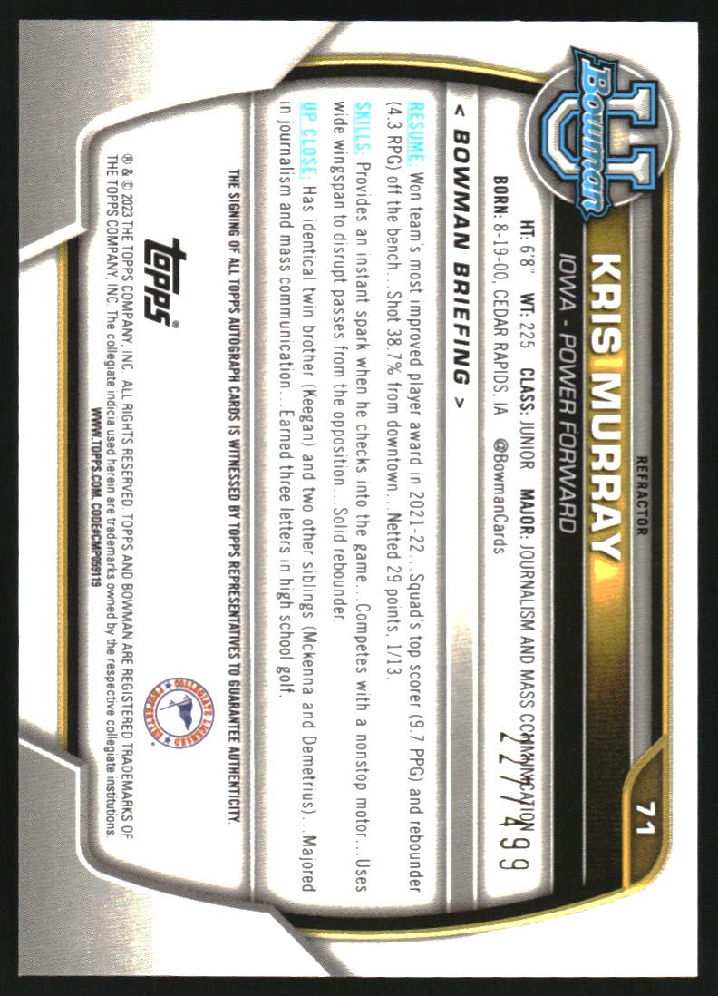 2022-23 Bowman Chrome University Prospect Autographs Refractors #71 Kris Murray