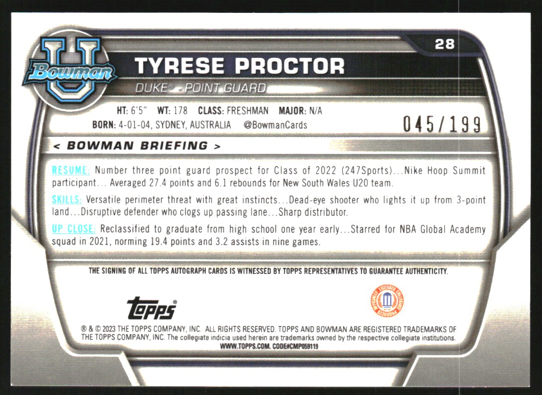 2022-23 Bowman Chrome University Prospect Autographs RayWave Refractors #28 Tyrese Proctor