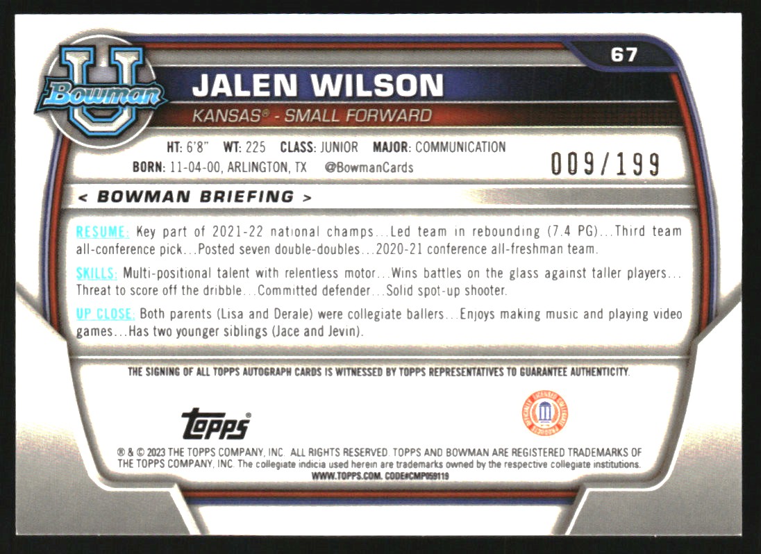 2022-23 Bowman Chrome University Prospect Autographs RayWave Refractors #67 Jalen Wilson