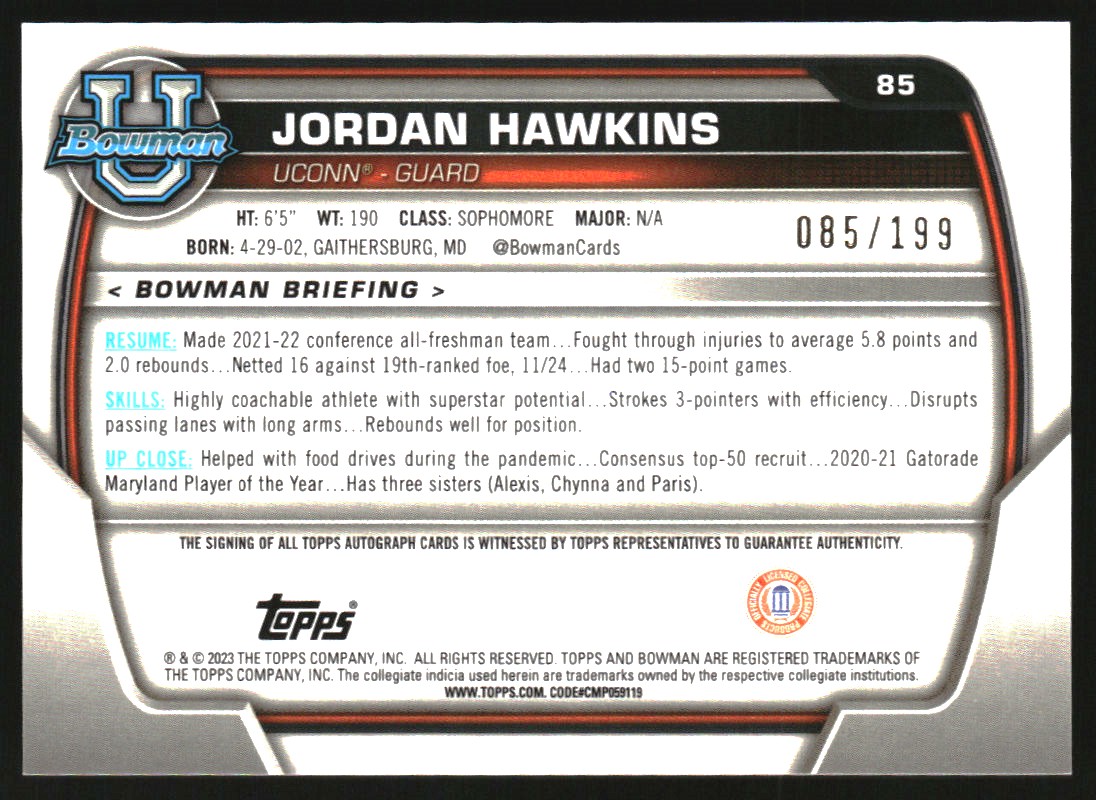 2022-23 Bowman Chrome University Prospect Autographs RayWave Refractors #85 Jordan Hawkins