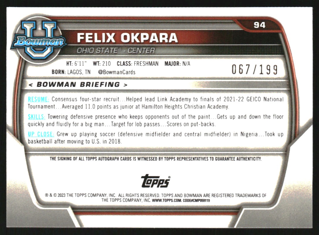 2022-23 Bowman Chrome University Prospect Autographs RayWave Refractors #94 Felix Okpara