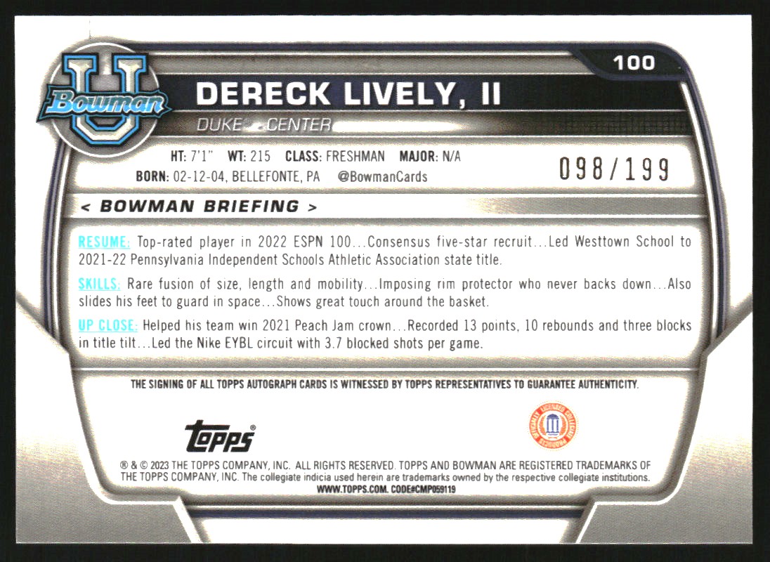 2022-23 Bowman Chrome University Prospect Autographs RayWave Refractors #100 Dereck Lively II