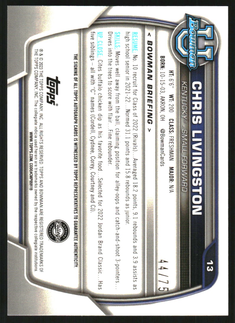 2022-23 Bowman Chrome University Prospect Autographs Yellow Refractors #13 Chris Livingston