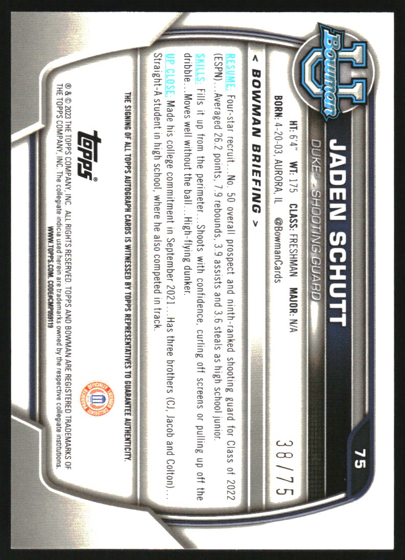 2022-23 Bowman Chrome University Prospect Autographs Yellow Refractors #75 Jaden Schutt