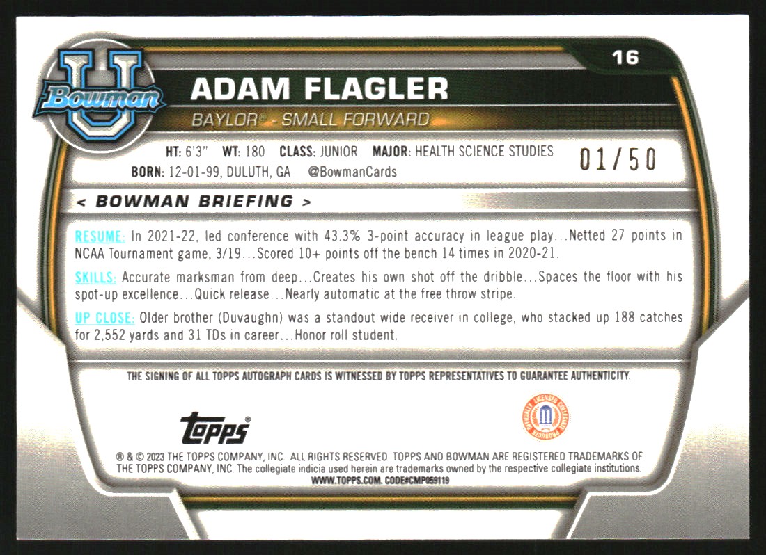 2022-23 Bowman Chrome University Prospect Autographs Gold Refractors #16 Adam Flagler