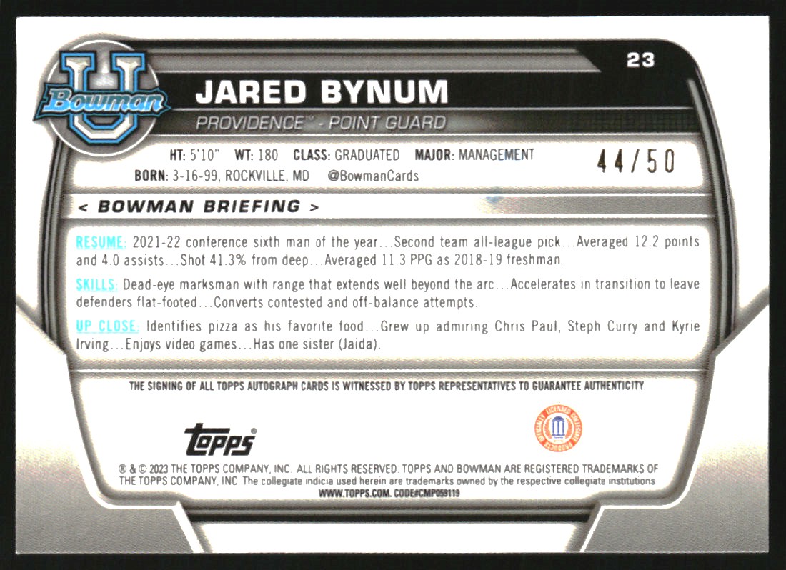2022-23 Bowman Chrome University Prospect Autographs Gold Refractors #23 Jared Bynum