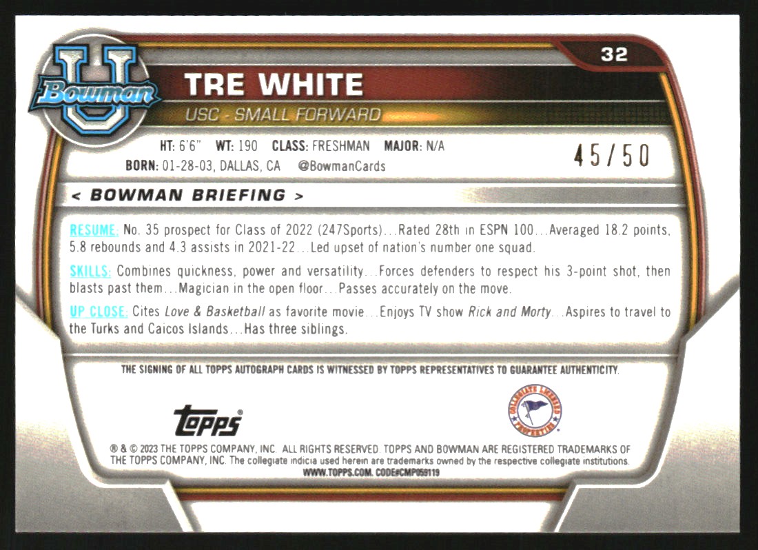 2022-23 Bowman Chrome University Prospect Autographs Gold Refractors #32 Tre White