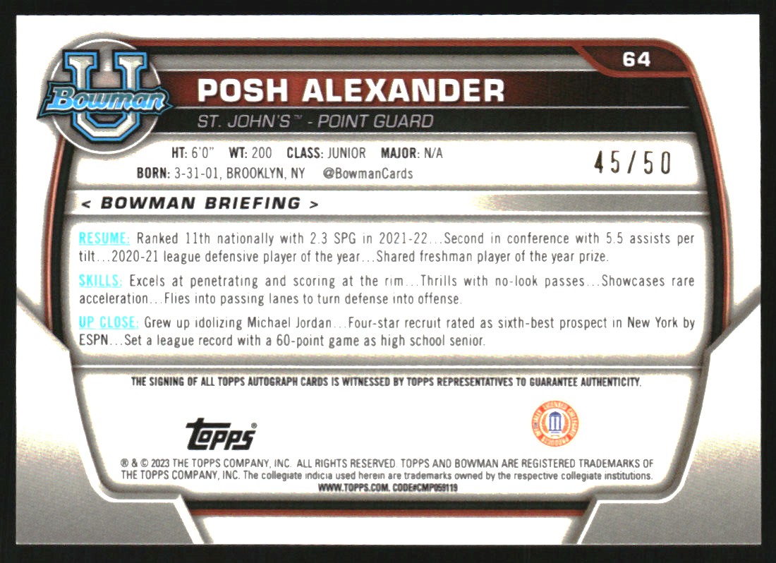 2022-23 Bowman Chrome University Prospect Autographs Gold Refractors #64 Posh Alexander