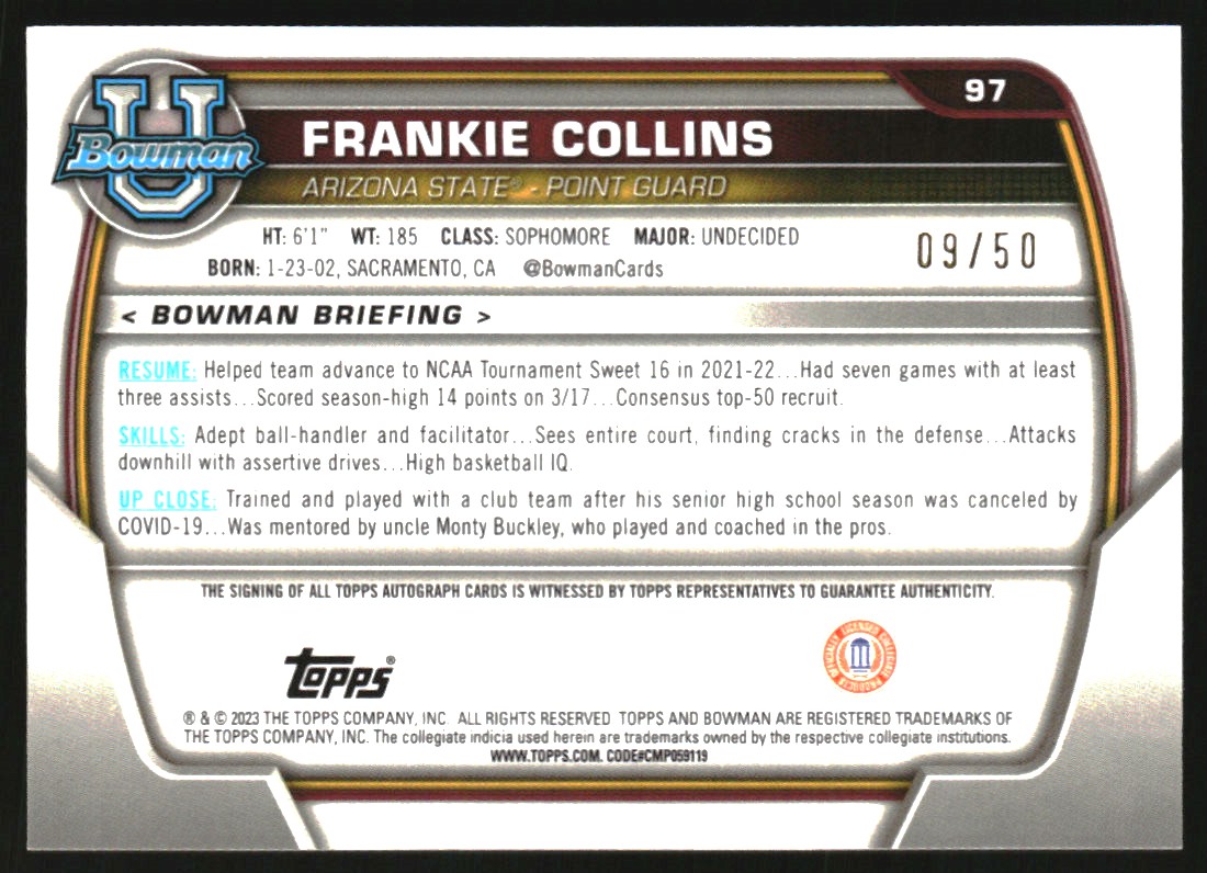 2022-23 Bowman Chrome University Prospect Autographs Gold Refractors #97 Frankie Collins