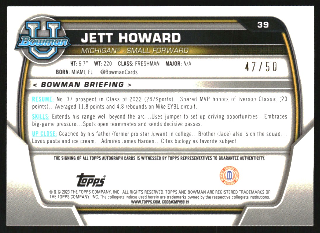 2022-23 Bowman Chrome University Prospect Autographs Gold Lava Refractors #39 Jett Howard