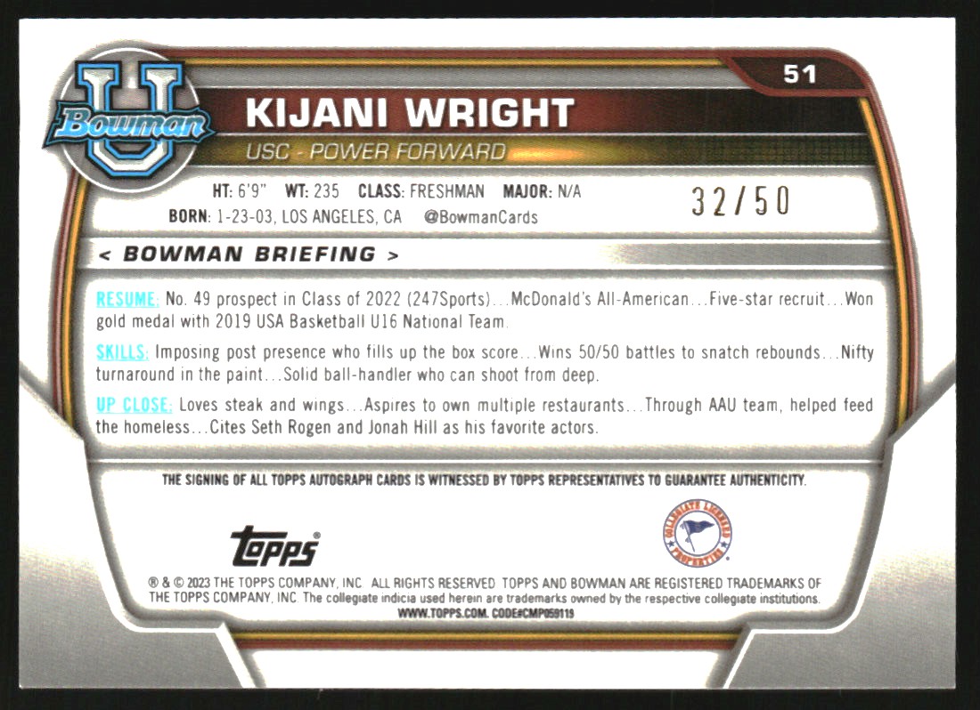 2022-23 Bowman Chrome University Prospect Autographs Gold Lava Refractors #51 Kijani Wright