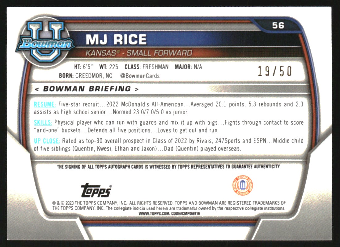 2022-23 Bowman Chrome University Prospect Autographs Gold Lava Refractors #56 MJ Rice