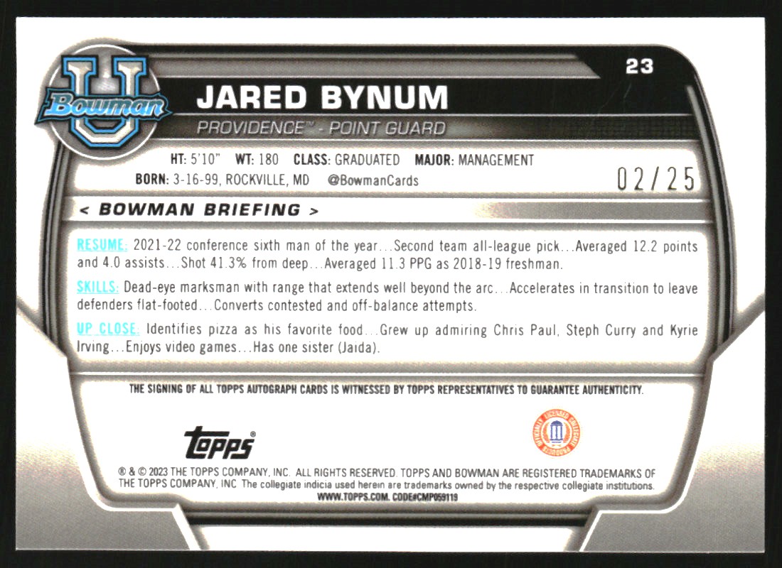 2022-23 Bowman Chrome University Prospect Autographs Orange Refractors #23 Jared Bynum