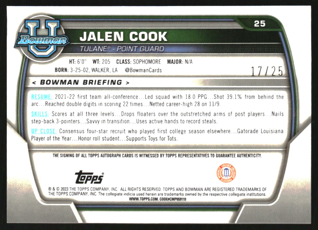 2022-23 Bowman Chrome University Prospect Autographs Orange Refractors #25 Jalen Cook