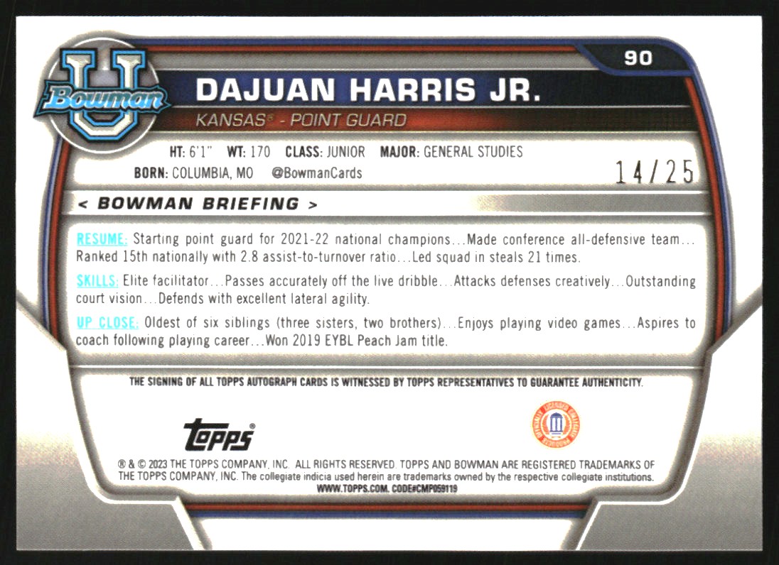 2022-23 Bowman Chrome University Prospect Autographs Orange Refractors #90 Dajuan Harris Jr.