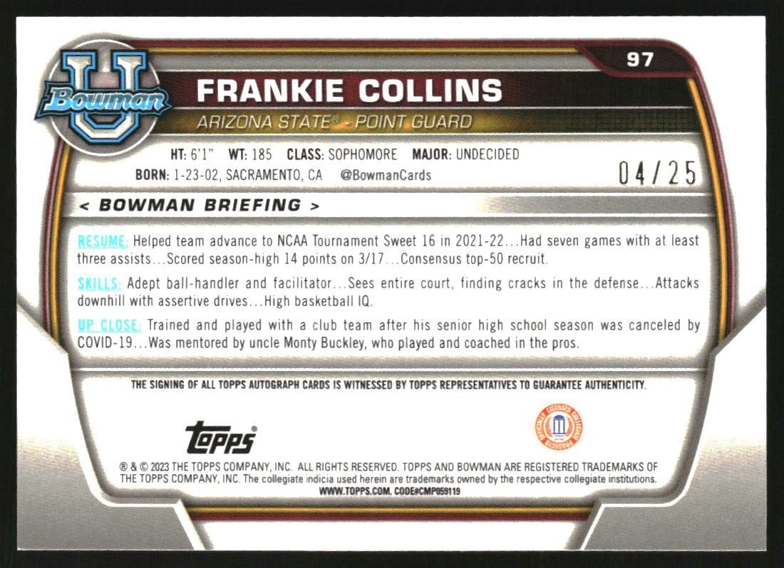 2022-23 Bowman Chrome University Prospect Autographs Orange Refractors #97 Frankie Collins