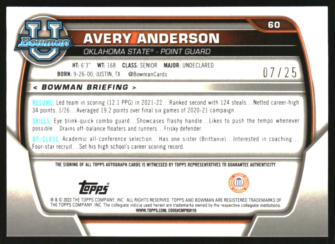 2022-23 Bowman Chrome University Prospect Autographs Orange Shimmer Refractors #60 Avery Anderson