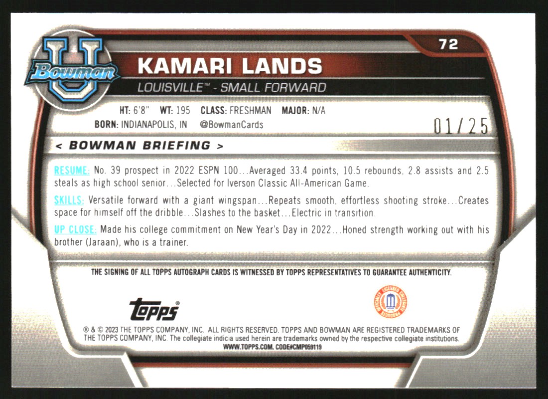 2022-23 Bowman Chrome University Prospect Autographs Orange Shimmer Refractors #72 Kamari Lands