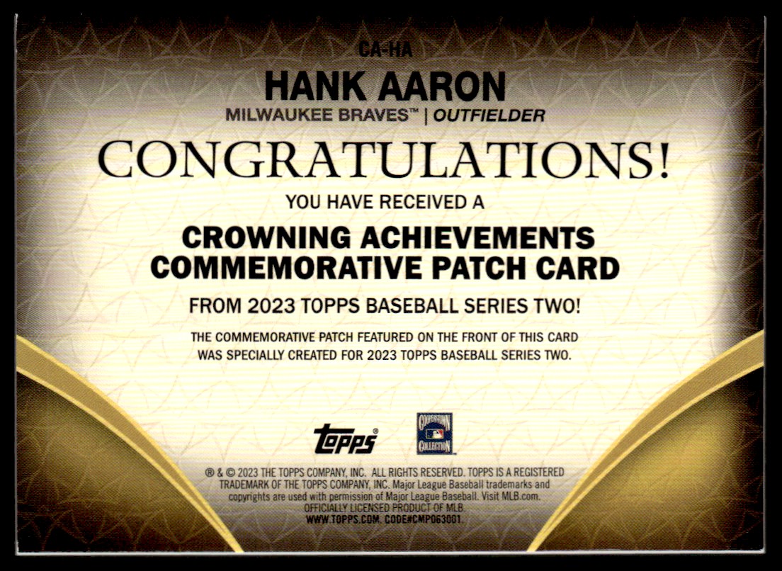 2023 Topps Crowning Achievements Commemorative Patches #CAHA Hank Aaron