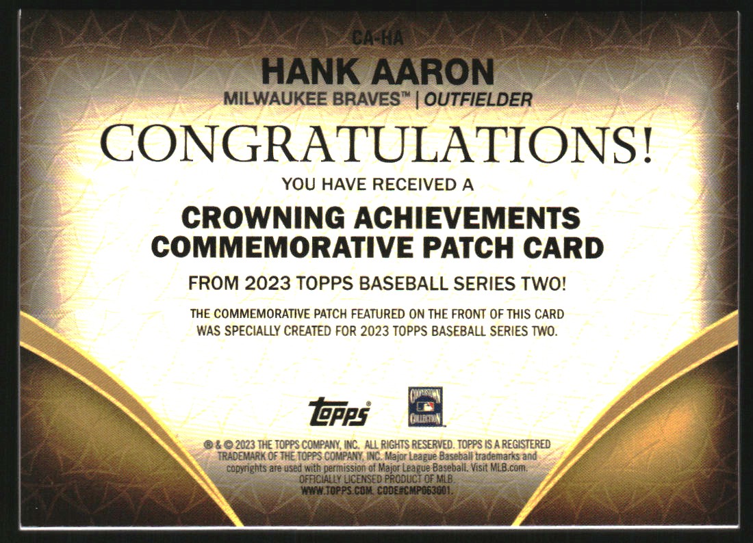 2023 Topps Crowning Achievements Commemorative Patches Gold #CAHA Hank Aaron