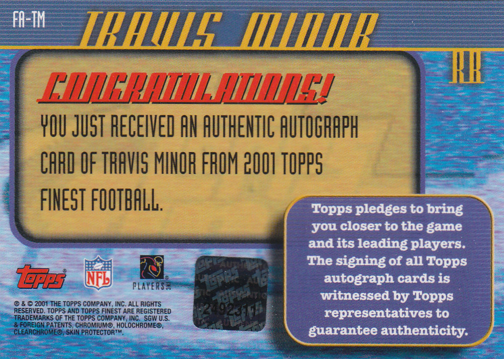 2001 Finest Autographs #FATM Travis Minor I back image