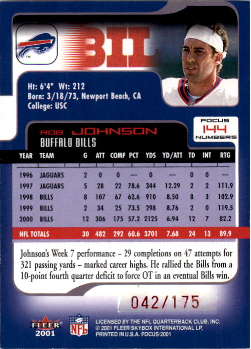 2001 Fleer Focus Numbers #144 Rob Johnson/175 back image