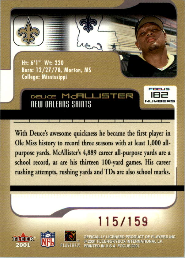 2001 Fleer Focus Numbers #182 Deuce McAllister/159 back image
