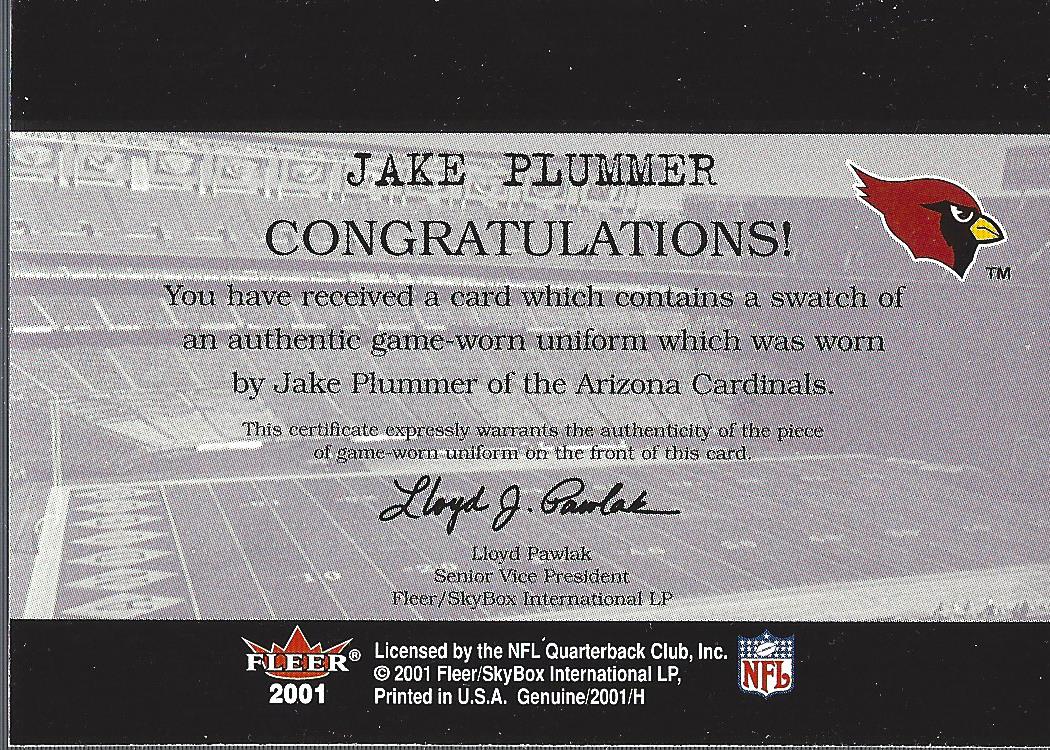 2001 Fleer Genuine Final Cut Jerseys #19 Jake Plummer back image