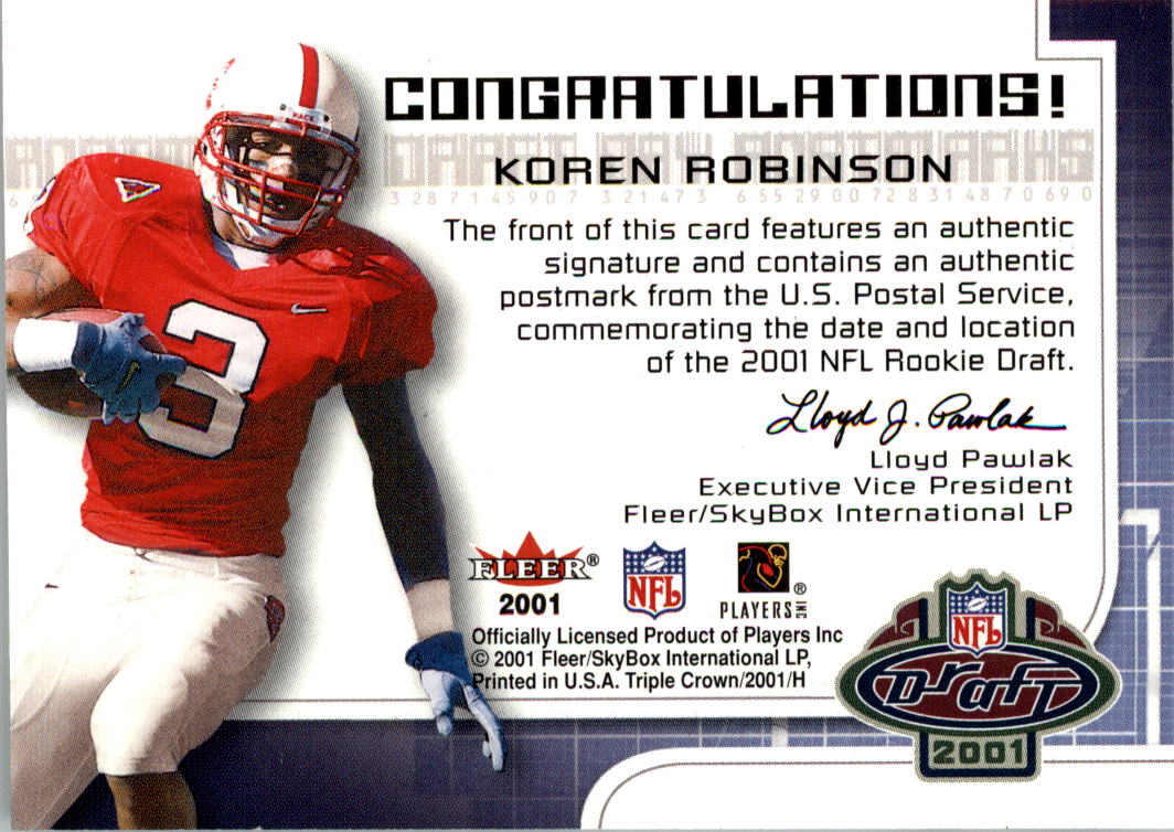 2001 Hot Prospects Draft Day Postmarks Autographs #14 Koren Robinson back image