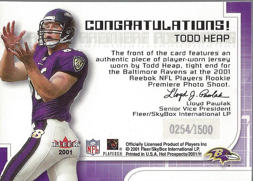 2001 Hot Prospects Rookie Premiere Postmarks Jerseys #9 Todd Heap back image