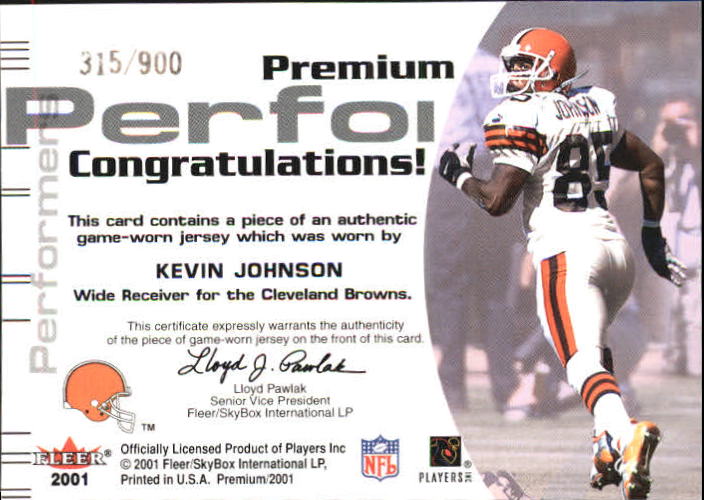 2001 Fleer Premium Performers Jerseys #6 Kevin Johnson back image