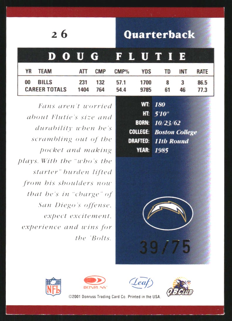 2001 Leaf Certified Materials Mirror Red #26 Doug Flutie back image