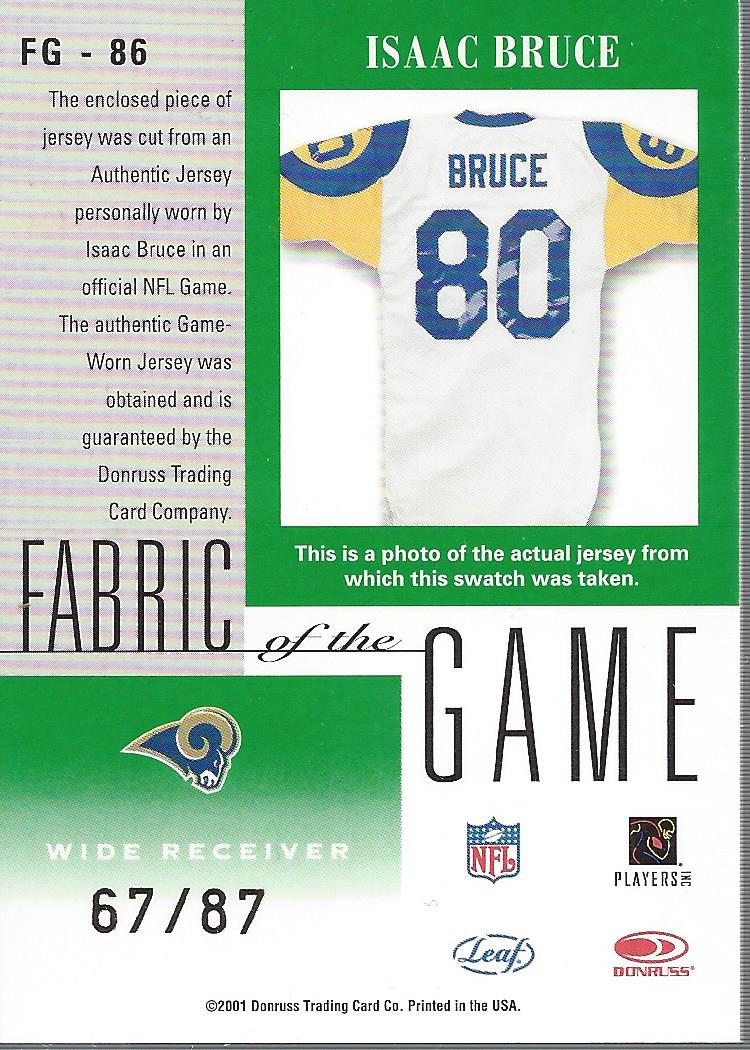 2001 Leaf Certified Materials Fabric of the Game #86SN Isaac Bruce W/87 back image