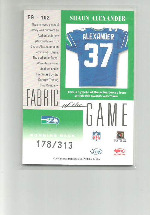 2001 Leaf Certified Materials Fabric of the Game #102CR Shaun Alexander/313 back image