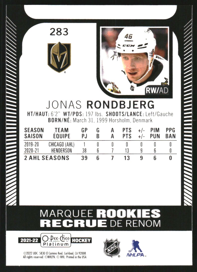2021-22 O-Pee-Chee Platinum #283 Jonas Rondbjerg RC