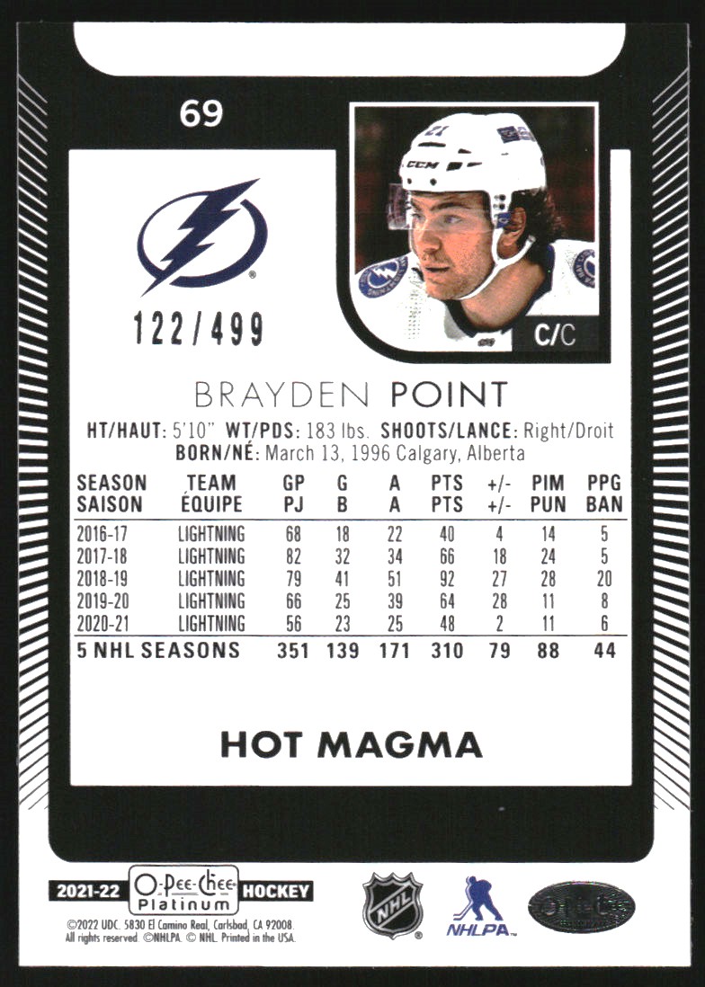 2021-22 O-Pee-Chee Platinum Hot Magma #69 Brayden Point