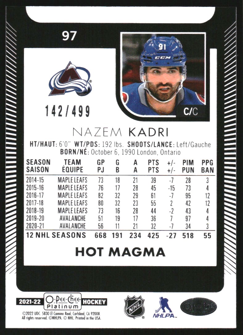2021-22 O-Pee-Chee Platinum Hot Magma #97 Nazem Kadri
