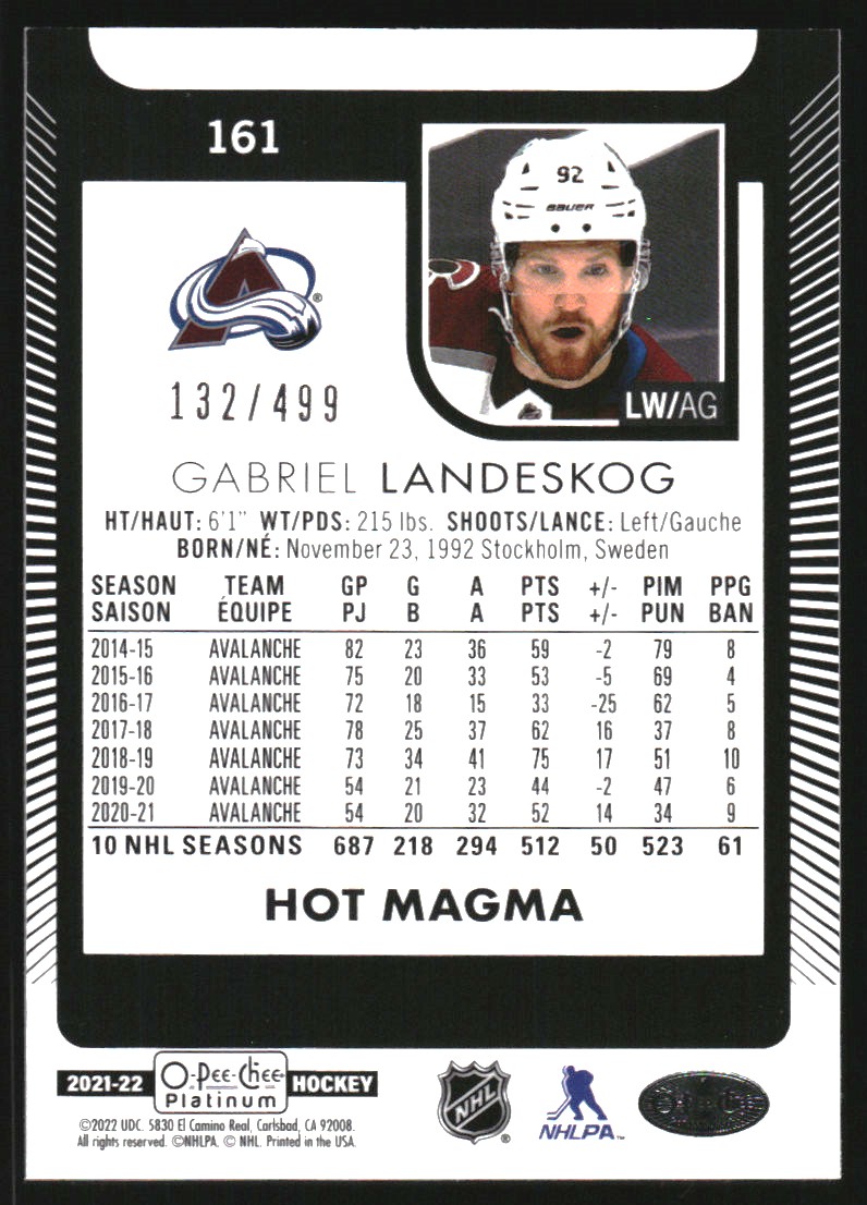 2021-22 O-Pee-Chee Platinum Hot Magma #161 Gabriel Landeskog