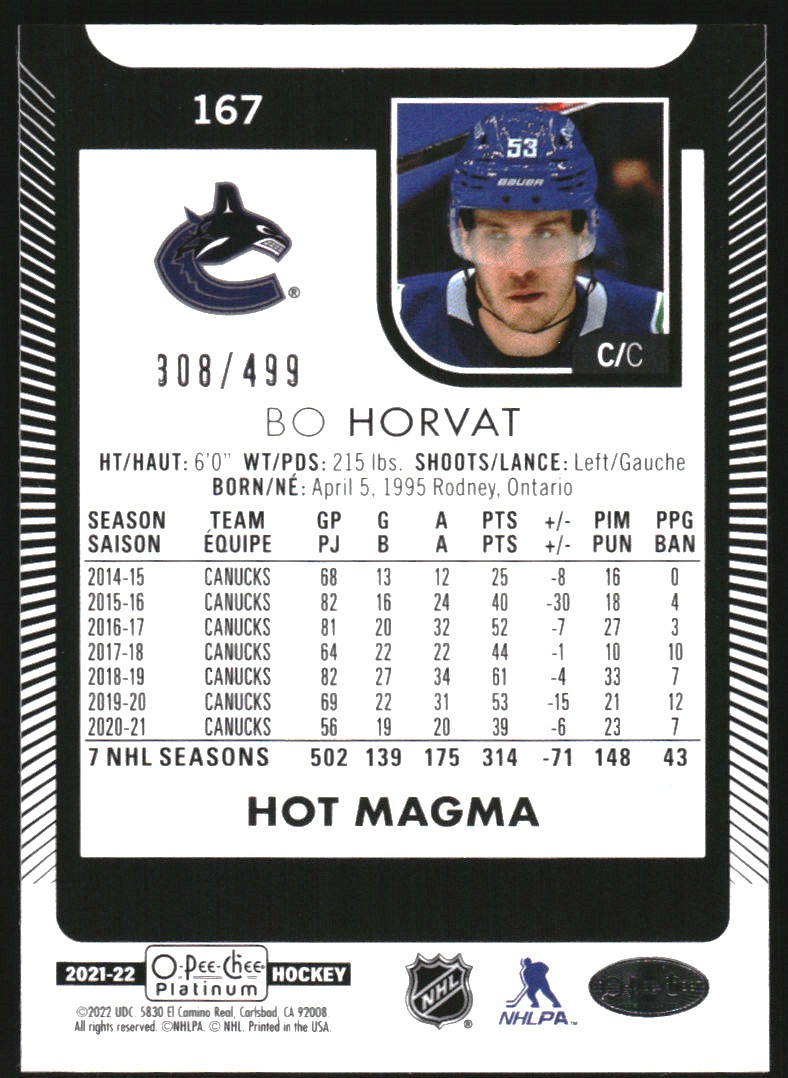 2021-22 O-Pee-Chee Platinum Hot Magma #167 Bo Horvat