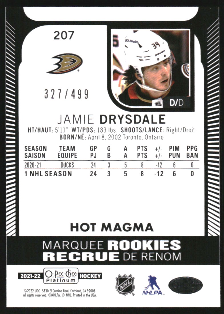 2021-22 O-Pee-Chee Platinum Hot Magma #207 Jamie Drysdale