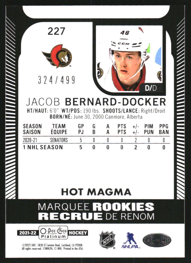 2021-22 O-Pee-Chee Platinum Hot Magma #227 Jacob Bernard-Docker