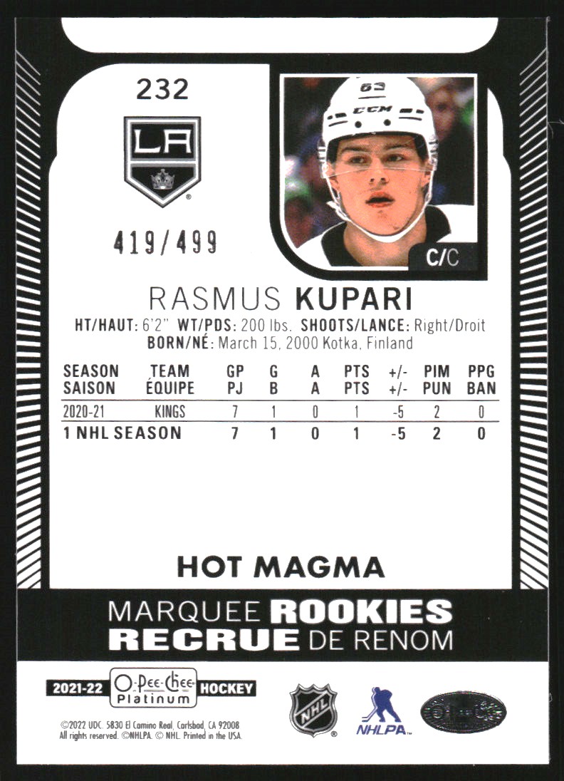 2021-22 O-Pee-Chee Platinum Hot Magma #232 Rasmus Kupari
