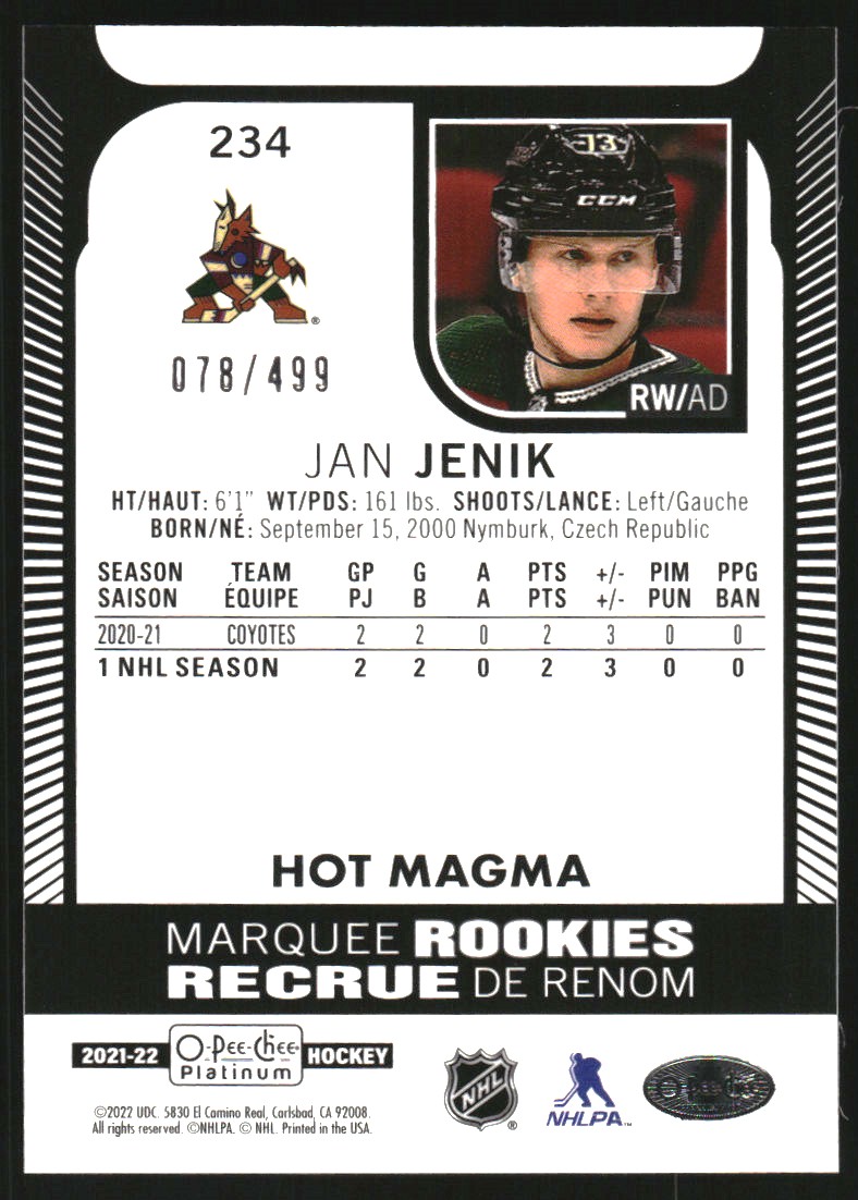 2021-22 O-Pee-Chee Platinum Hot Magma #234 Jan Jenik