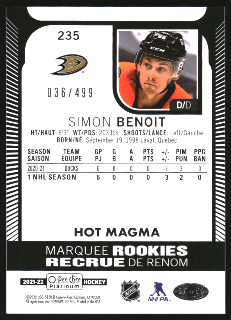 2021-22 O-Pee-Chee Platinum Hot Magma #235 Simon Benoit