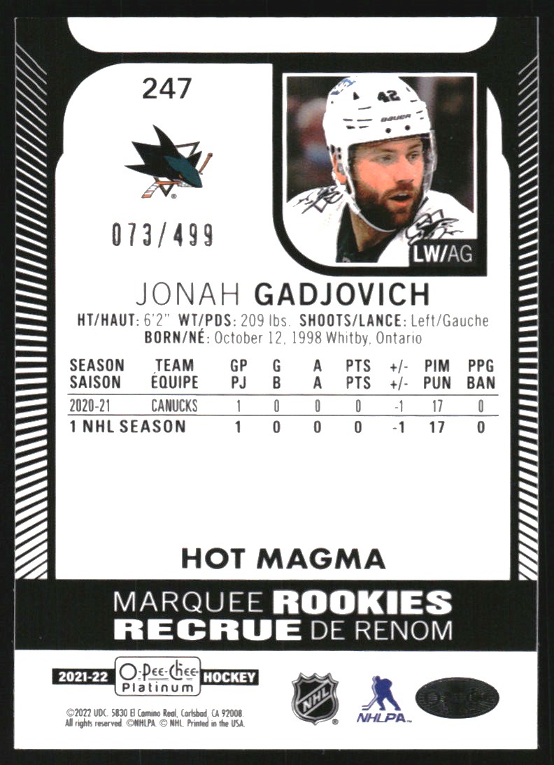 2021-22 O-Pee-Chee Platinum Hot Magma #247 Jonah Gadjovich